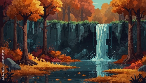 8bit pixel waterfall landscape in autumn forest. photo
