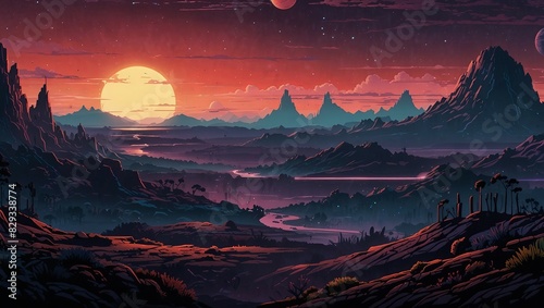 80s Retro Sci-Fi Background. Futuristic Sci-Fi Landscape. photo