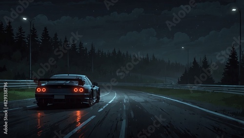 A night road and a racing car. Gloomy atmosphere on the track.