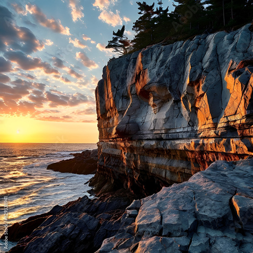 Stunning 8k photo of Maine ocean shore at sunset: granite cliff eroded into a hyper-realistic, serious face