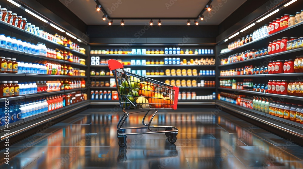 An artistic rendition of a deserted aisle in a supermarket, featuring an empty red shopping cart waiting patiently for its