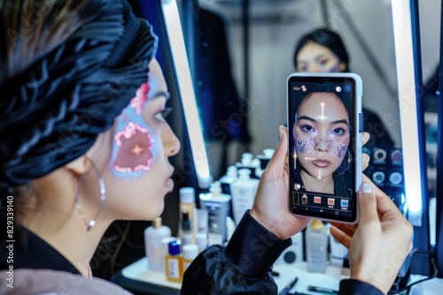 An Asian woman uses augmented reality on a smartphone to apply virtual makeup in a high-tech beauty store, exploring innovative cosmetic options. photo