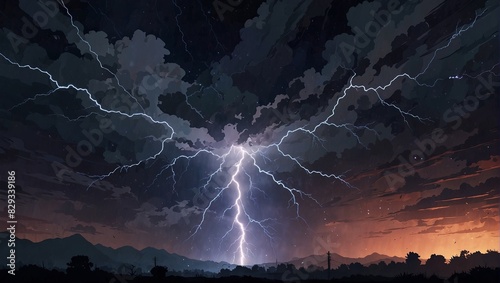 abstract amazing lightning strike, anime background. photo