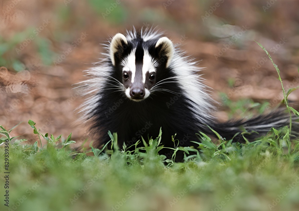 Striped Skunk (Mephitis mephitis) doe looking out from the ground in summer.