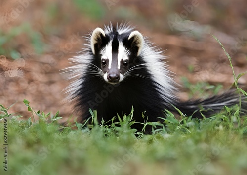 Striped Skunk (Mephitis mephitis) doe looking out from the ground in summer. © Kieu