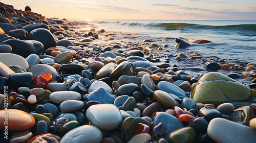 A vibrant beach scattered with colorful rocks and pebbles, creating a picturesque scene.