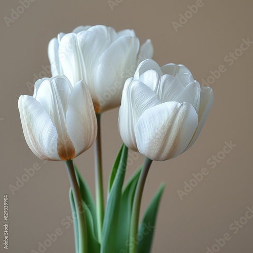 Beautiful white tulips on a beige background close-up