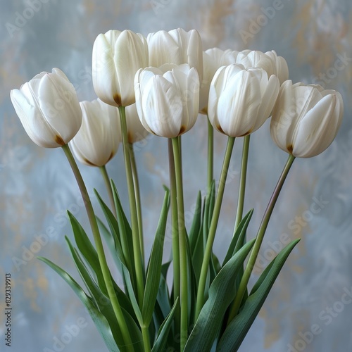 White tulips on a blue background. Bouquet of flowers.