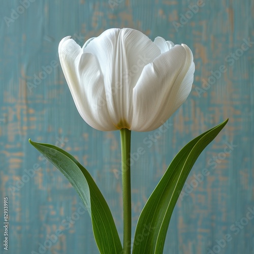White tulip on a blue wooden background. Close-up.