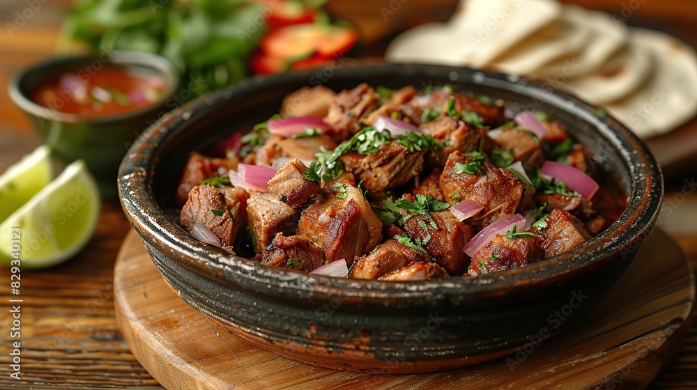 A dish of flavorful pork carnitas, served with tortillas. A dish of flavorful pork carnitas, served with tortillas.
