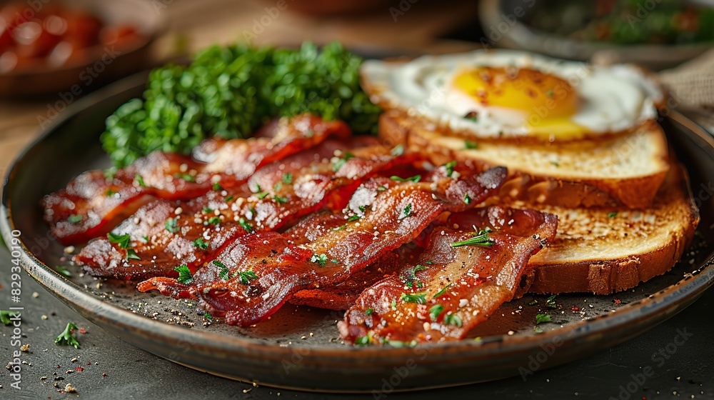 A plate of crispy bacon, served with eggs and toast. A plate of crispy bacon, served with eggs and toast.
