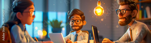 Business meeting with animated characters holographic presentation