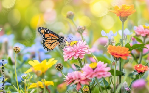 Sunlit Garden Teeming with Pollinators: Bees, Butterflies, and Birds Among Vibrant Flowers © Ryzhkov