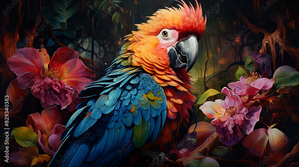 Obraz premium Vibrant parrot perched on a branch surrounded by blooming flowers