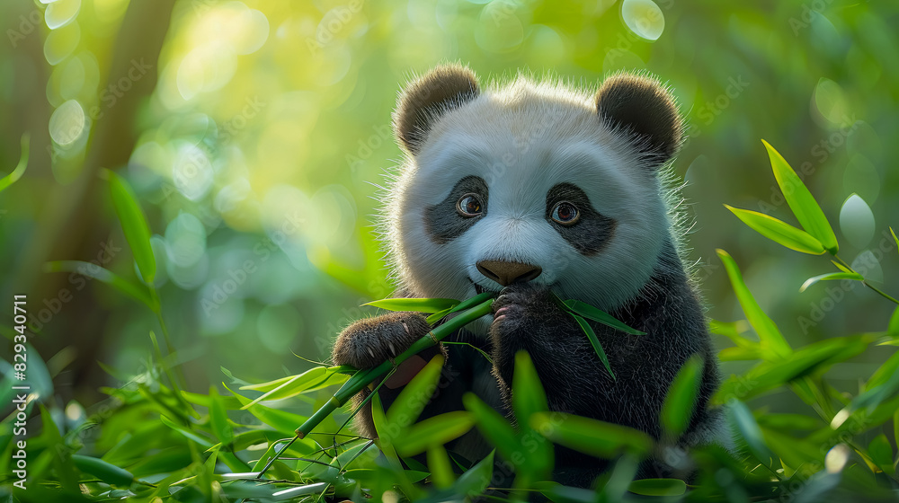 Fototapeta premium Cute panda eating bamboo 3D clay style