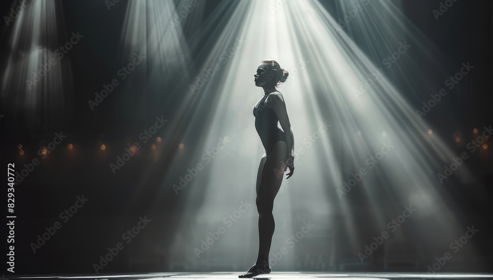 A contemporary dancer, girl in a black and white suite, in the middle of a stage with a direct light from above pointing her in a black stage. Generative AI.