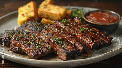 A plate of tender barbecued brisket, served with cornbread.