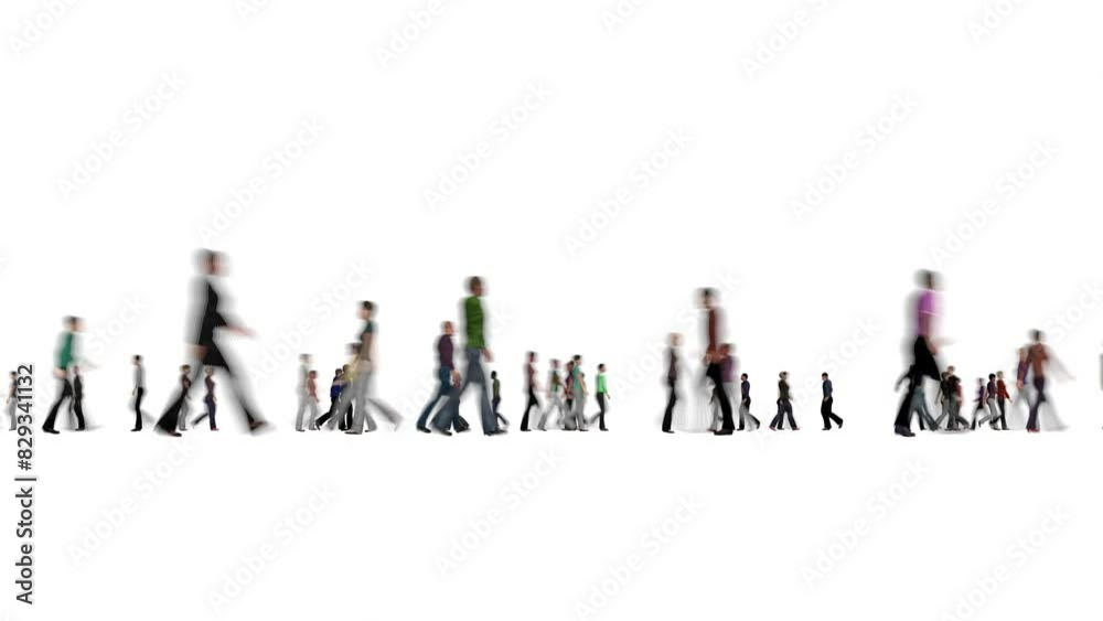 Crowd of people blurred walk on white bg 4k