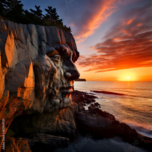 granite cliff eroded into a hyper-realistic, serious face