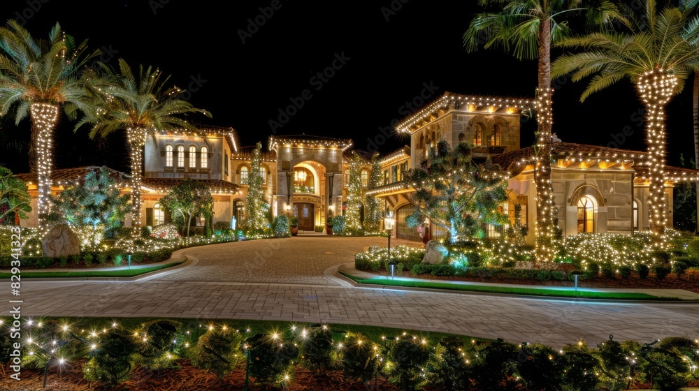 Fototapeta premium Welcome guests to your home with a grand entrance adorned with elegant garlands, twinkling lights, and a stunning display of