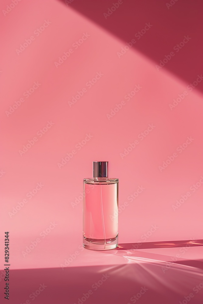 photograph, productive view, cylinder podium with perfume, solid cream background, mockup product, photograph, productive view, cylinder podium with perfume, solid cream background, mockup product,