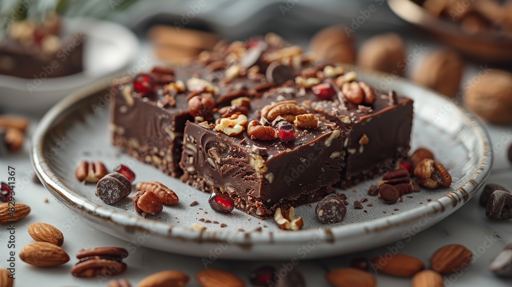 A serving of rich chocolate fudge, topped with nuts.