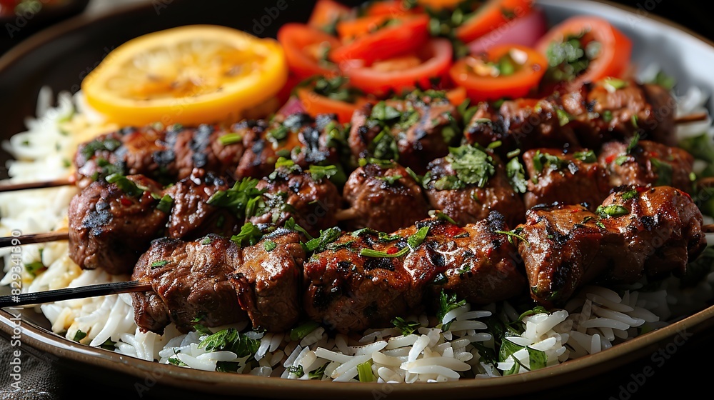 A plate of savory beef kebabs, served with rice and vegetables. A plate of savory beef kebabs, served with rice and vegetables.
