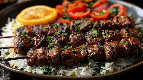 A plate of savory beef kebabs  served with rice and vegetables.