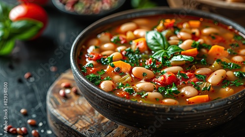 A bowl of hearty Tuscan bean soup, filled with vegetables.