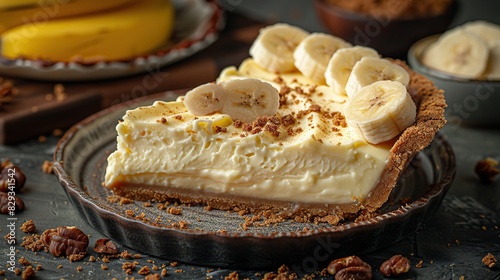 A slice of creamy banana cream pie, with a flaky crust. photo