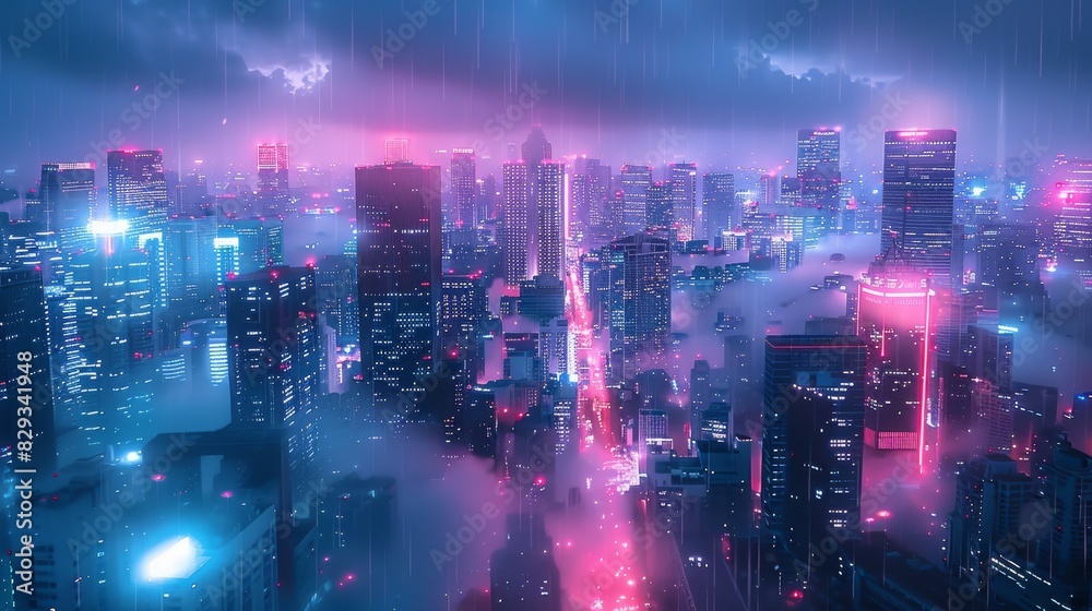 A futuristic city skyline at night, bathed in neon blue and pink lights. The buildings are tall and modern, with some covered in mist or fog. Generative AI.
