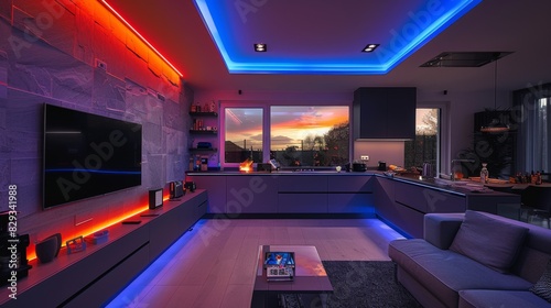 Create a contemporary kitchen retreat with a smart TV and LED strips integrated into the shelving units  casting a