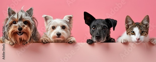 The picture of front view and close up of the multiple group of the various cat and dog in front of the bright pink background that look back to the camera with the curious and interest face. AIGX03.