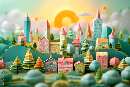 A paper art depiction of a cozy colorful village nestled in a mountainous landscape. The scene features small houses, surrounded by trees and hills, creating an idyllic and serene summer atmosphere. © Umaporn