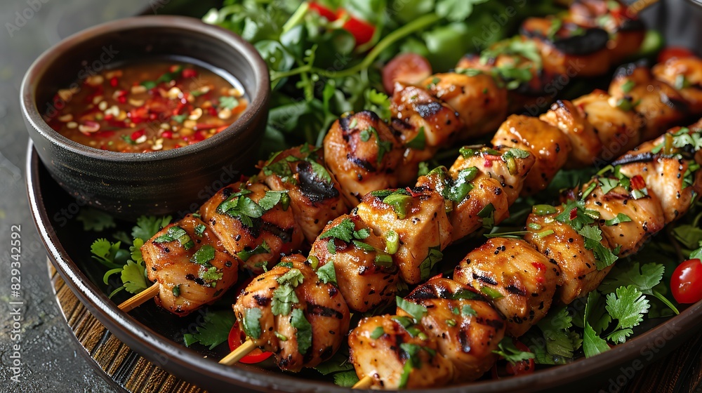 A dish of flavorful chicken satay, served with peanut sauce. A dish of flavorful chicken satay, served with peanut sauce.