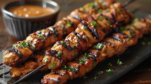 A dish of flavorful chicken satay, served with peanut sauce.