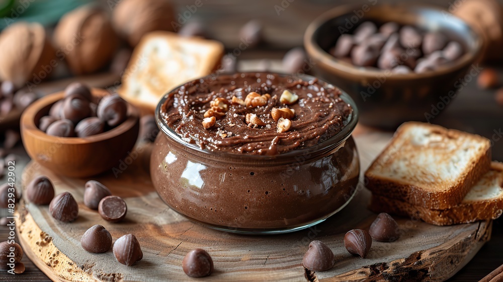A serving of rich chocolate hazelnut spread, perfect for toast. A serving of rich chocolate hazelnut spread, perfect for toast.
