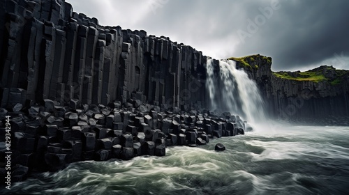 Dramatic waterfall cascading over ancient basalt columns under a stormy sky in Iceland's rugged landscape.