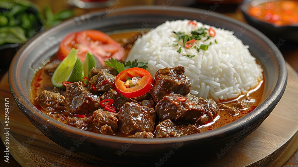A dish of flavorful beef rendang, served with rice.