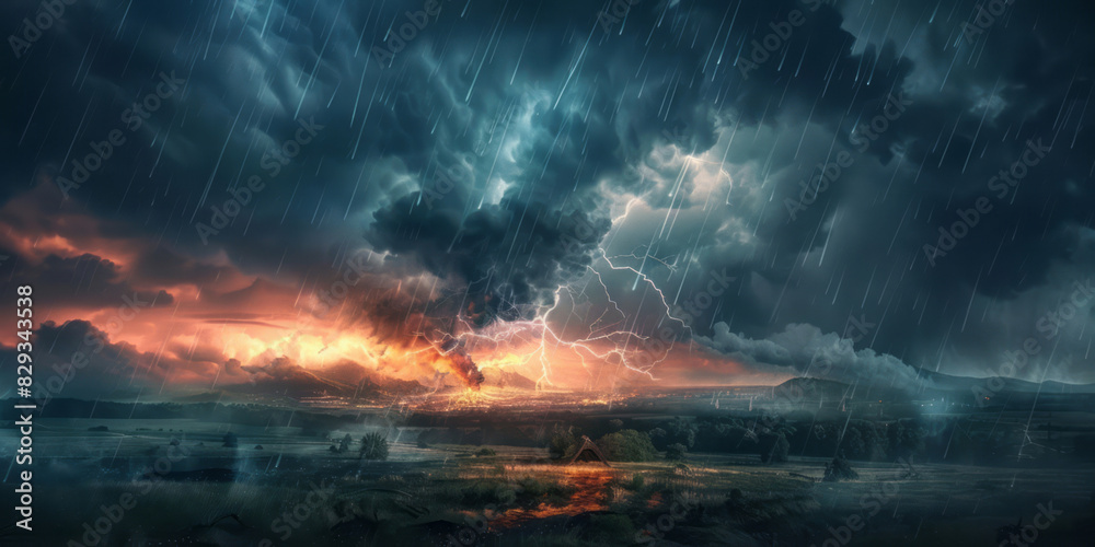 Obraz premium A dramatic thunderstorm with lightning and rain unfolds over an expansive landscape, the dark and ominous sky lit up by multiple streaks of lightning illuminating the stormy clouds above.