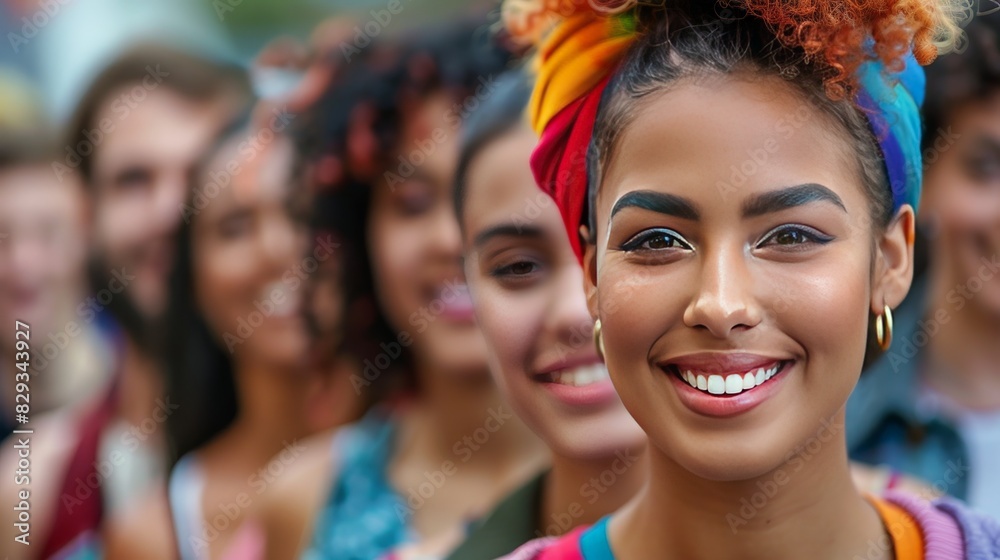 A group of people are smiling and one woman is wearing a colorful head scarf A group of people are smiling and one woman is wearing a colorful head scarf