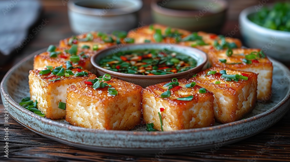A plate of crispy fried tofu, served with dipping sauce. A plate of crispy fried tofu, served with dipping sauce.