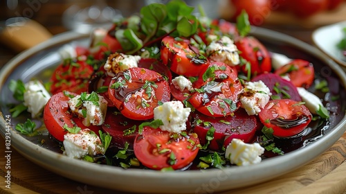 A fresh beet and goat cheese salad, with a balsamic reduction.