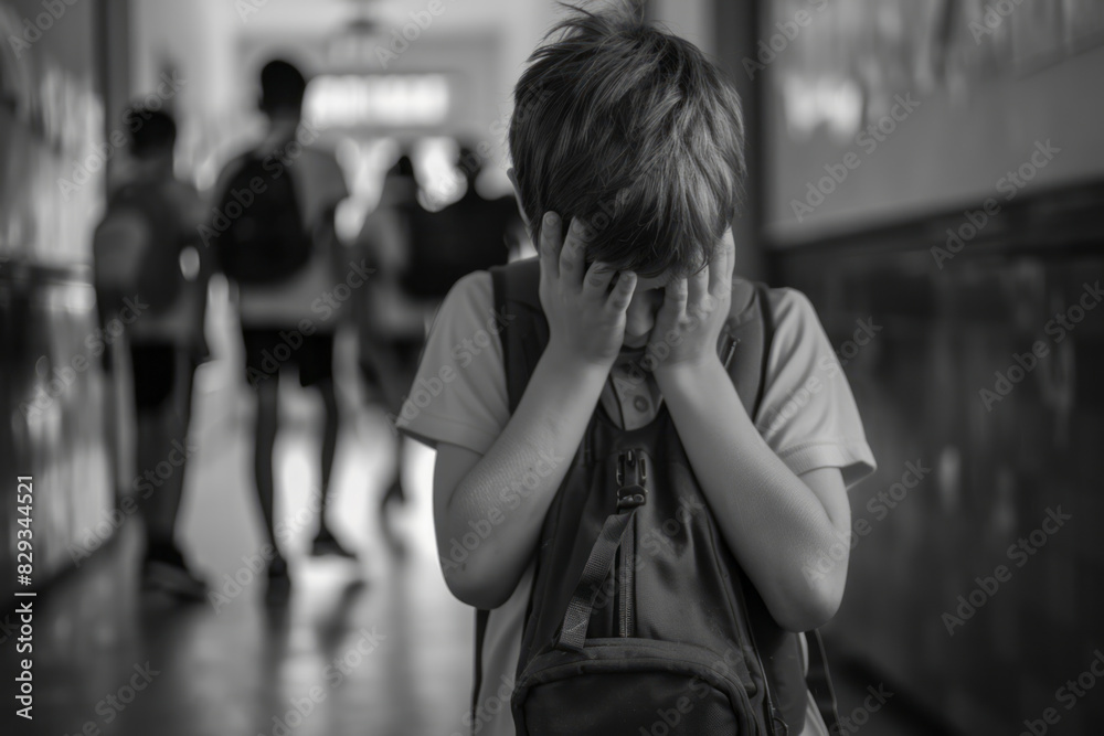 A young boy stands in the hallway of his school, covering his face with his hands and holding onto an empty backpack as he cries out in pain, the background blurred. A young boy stands in the hallway of his school, covering his face with his hands and holding onto an empty backpack as he cries out in pain, the background blurred.