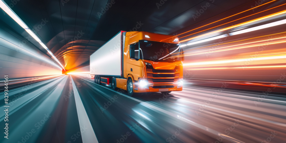 A truck speeds through a tunnel, creating motion blur and speed lines, illuminated by white and orange lights.