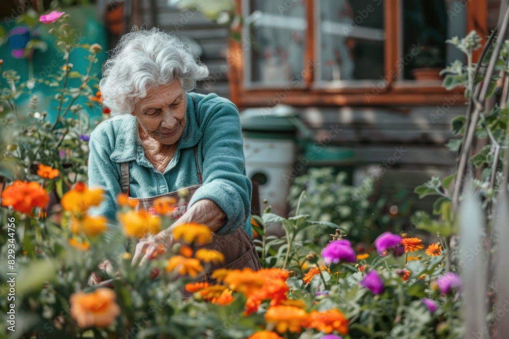 An elderly woman tenderly tends to her garden, surrounded by a vibrant array of flowers, showcasing dedication and enjoyment in her tranquil outdoor space