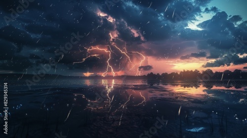 The wind howls as lightning streaks across the sky reflecting off puddles and creating a surreal atmosphere.