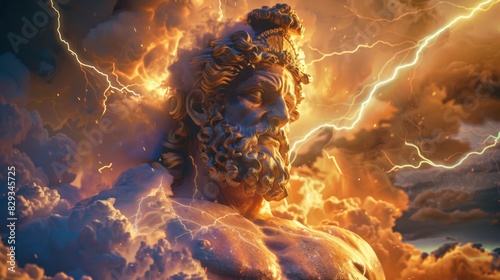 Illustration of ZEUS, god of sky and thunder. Zeus, king of the Greek gods, is ready to hurl lightning down on the world and mankind. photo