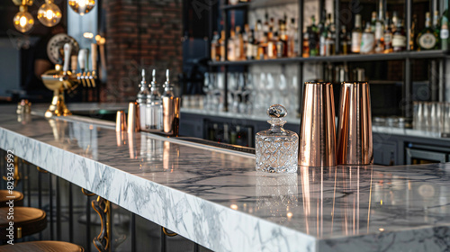 Classic marble bar counter with copper shakers and glassware