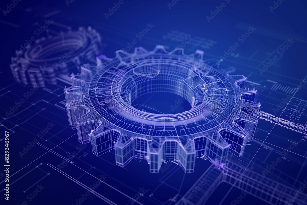 Fototapeta premium A striking monochromatic wireframe gear illustration, set against a deep blue background, emanating a sense of mechanical sophistication. 